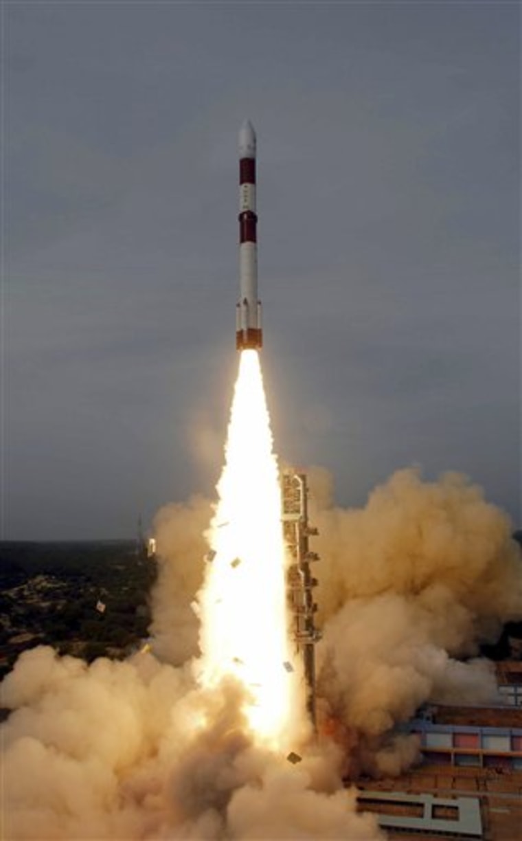 India's Polar Satellite Launch Vehicle blasts off from the Sriharikota spaceport near Chennai, India, in this July 12, 2010 file photo released by the Indian Space Research Organization. 